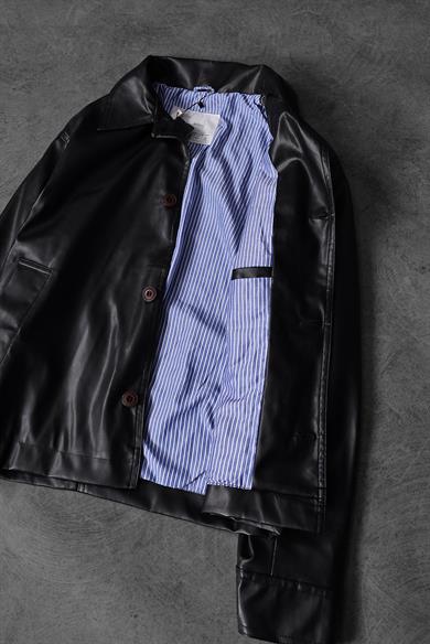 Erkek Siyah Düğmeli Çizgi Astarlı Deri Ceket