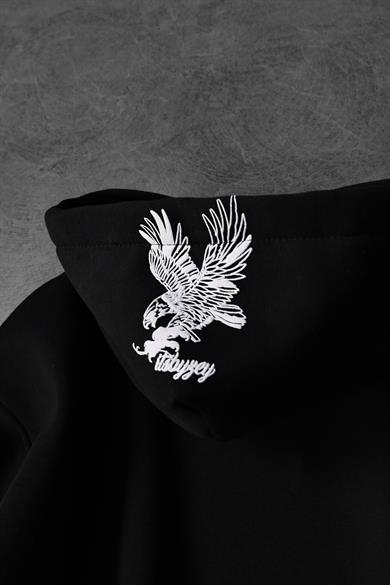 Erkek Siyah Eagle Baskılı Oversize Kapüşonlu Sweatshirt