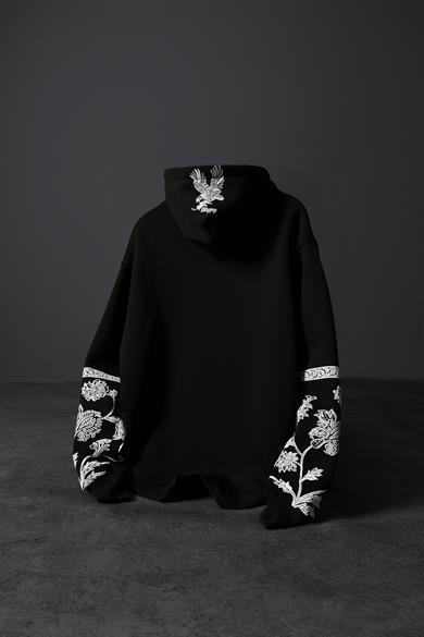 Erkek Siyah Eagle Baskılı Oversize Kapüşonlu Sweatshirt