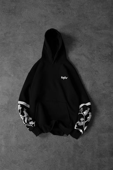 Erkek Siyah Eagle Baskılı Oversize Kapüşonlu Sweatshirt