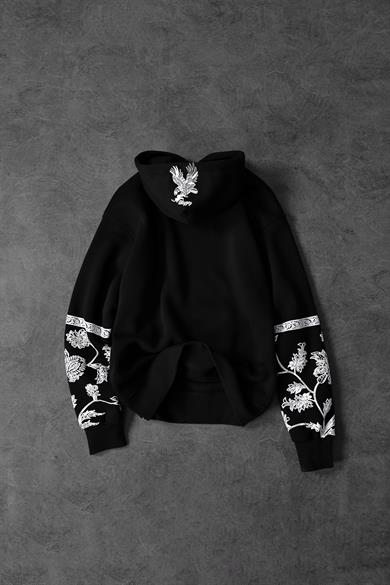 Erkek Siyah Eagle Baskılı Oversize Kapüşonlu Sweatshirt