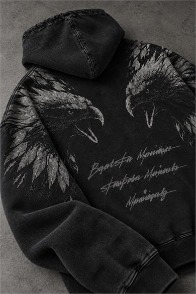 Erkek Siyah Eagle Özel Yıkamalı Oversize Hoodie