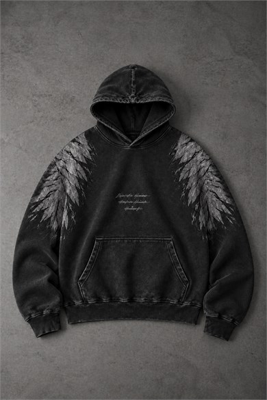 Erkek Siyah Eagle Özel Yıkamalı Oversize Hoodie
