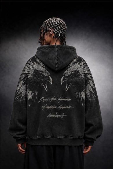 Erkek Siyah Eagle Özel Yıkamalı Oversize Hoodie