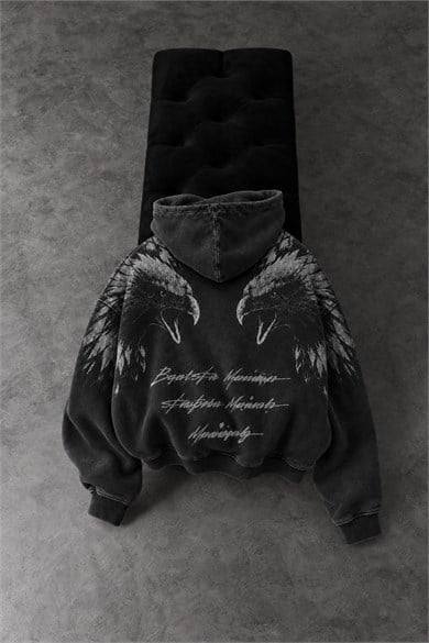 Erkek Siyah Eagle Özel Yıkamalı Oversize Hoodie