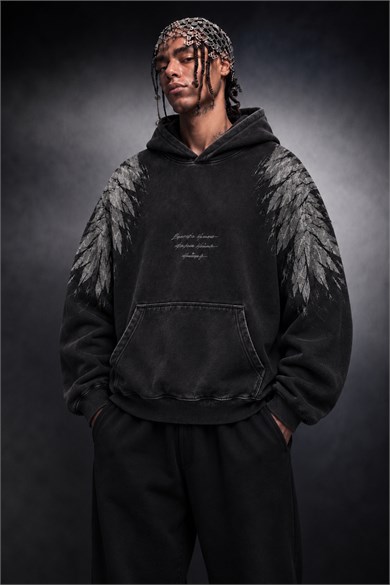 Erkek Siyah Eagle Özel Yıkamalı Oversize Hoodie