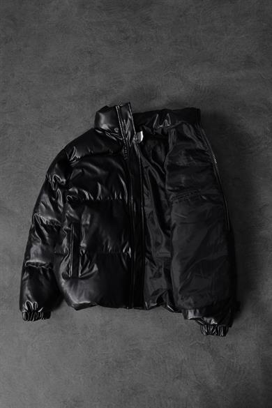 Erkek Siyah Ekstra Dolumlu Oversize Deri Mont