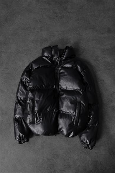Erkek Siyah Ekstra Dolumlu Oversize Deri Mont