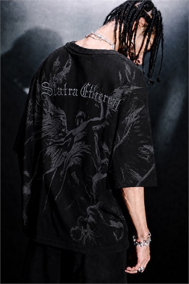 Erkek Siyah Ethereal Nakış Oversize Tshirt