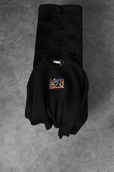 Erkek Siyah Eye Of Ra Nakış İşlemeli Oversize Sweatshirt