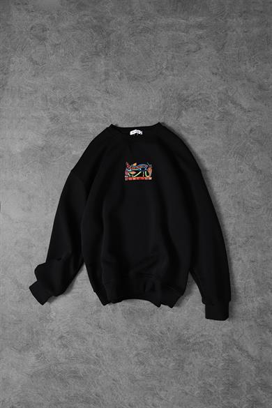 Erkek Siyah Eye Of Ra Nakış İşlemeli Oversize Sweatshirt