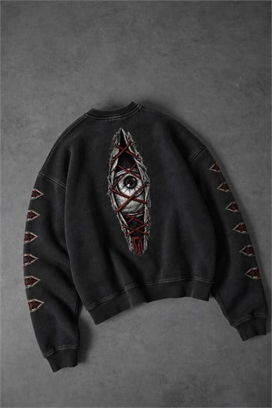 Erkek Siyah Eyes Nakış Özel Yıkamalı Oversize Sweatshirt