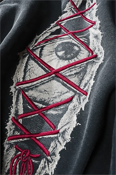 Erkek Siyah Eyes Nakış Özel Yıkamalı Oversize Sweatshirt
