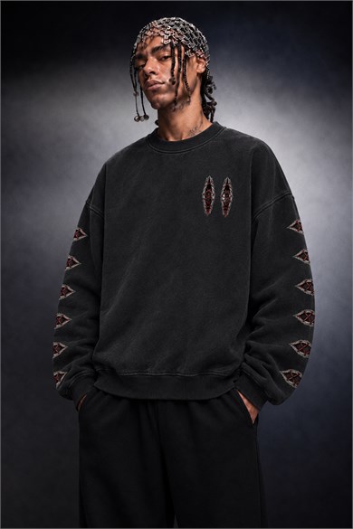 Erkek Siyah Eyes Nakış Özel Yıkamalı Oversize Sweatshirt