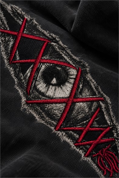 Erkek Siyah Eyes Nakış Özel Yıkamalı Oversize Sweatshirt