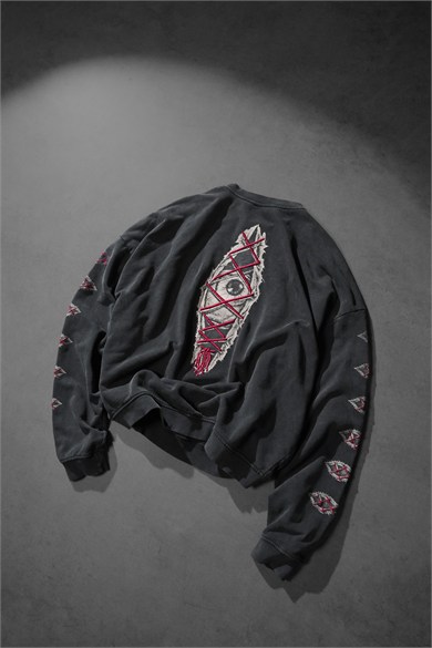 Erkek Siyah Eyes Nakış Özel Yıkamalı Oversize Sweatshirt