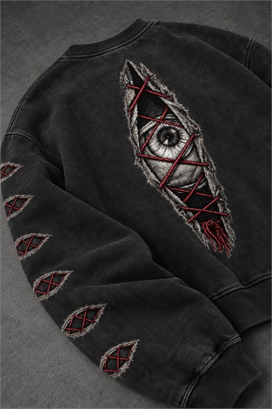 Erkek Siyah Eyes Nakış Özel Yıkamalı Oversize Sweatshirt