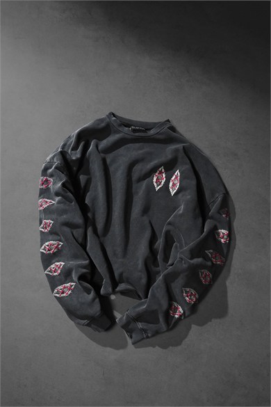 Erkek Siyah Eyes Nakış Özel Yıkamalı Oversize Sweatshirt