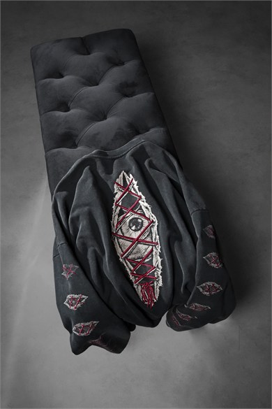 Erkek Siyah Eyes Nakış Özel Yıkamalı Oversize Sweatshirt