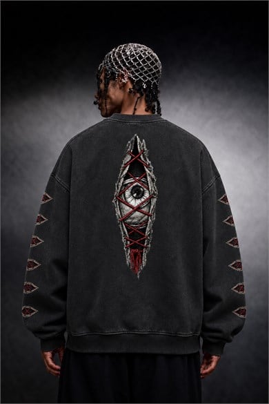 Erkek Siyah Eyes Nakış Özel Yıkamalı Oversize Sweatshirt