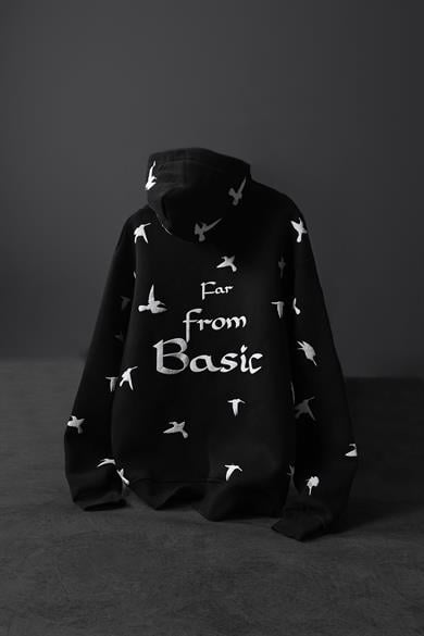 Erkek Siyah Far From Basic Kabartma Baskı Oversize Kapüşonlu Sweatshirt