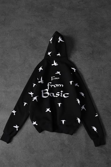 Erkek Siyah Far From Basic Kabartma Baskı Oversize Kapüşonlu Sweatshirt