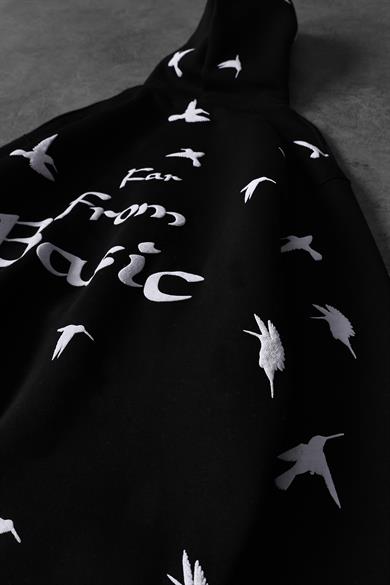 Erkek Siyah Far From Basic Kabartma Baskı Oversize Kapüşonlu Sweatshirt