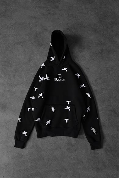 Erkek Siyah Far From Basic Kabartma Baskı Oversize Kapüşonlu Sweatshirt