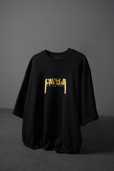 Erkek Siyah Favela Baskılı Zımbalı Box Fit Tshirt
