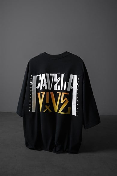 Erkek Siyah Favela Baskılı Zımbalı Box Fit Tshirt