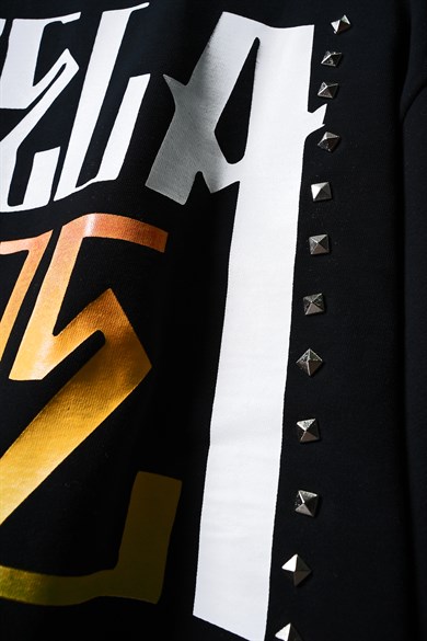 Erkek Siyah Favela Baskılı Zımbalı Box Fit Tshirt