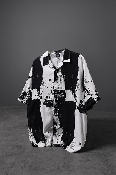 Erkek Siyah Fırça Desen Keten Kumaş Oversize Kısa Kollu Gömlek