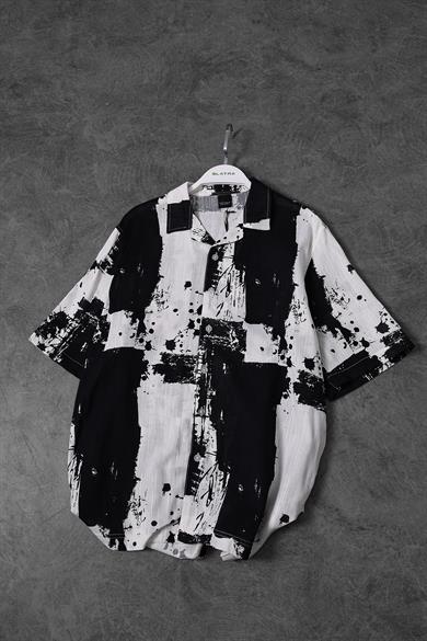 Erkek Siyah Fırça Desen Keten Kumaş Oversize Kısa Kollu Gömlek