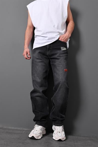 Erkek Siyah Free Spirit Nakışlı Taşlı Baggy Pantolon
