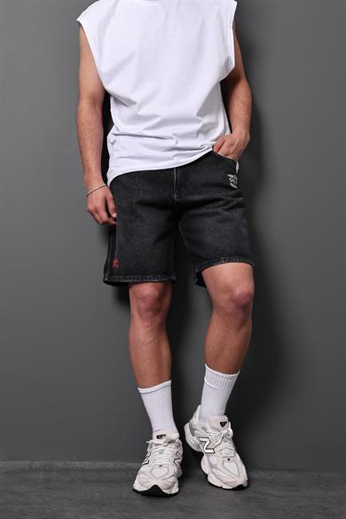 Erkek Siyah Free Spirit Nakışlı Taşlı Diz Üstü Denim Şort
