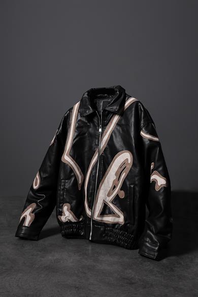 Erkek Siyah Full Zip Nakışlı Garnili Astarlı Deri Ceket