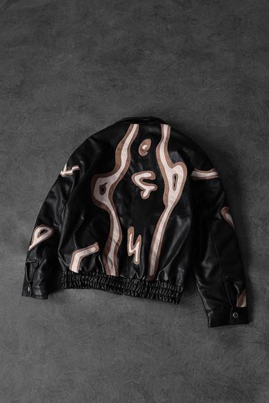 Erkek Siyah Full Zip Nakışlı Garnili Astarlı Deri Ceket