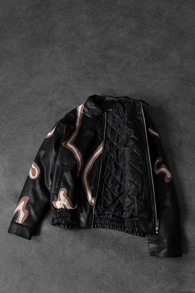 Erkek Siyah Full Zip Nakışlı Garnili Astarlı Deri Ceket