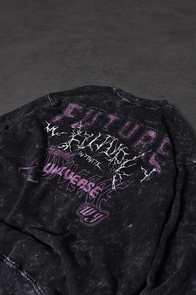 Erkek Siyah Future Yıkamalı Baskılı Oversize Sweatshirt
