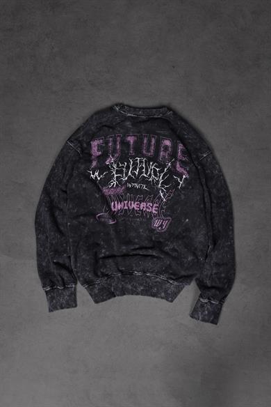 Erkek Siyah Future Yıkamalı Baskılı Oversize Sweatshirt
