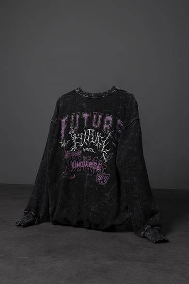 Erkek Siyah Future Yıkamalı Baskılı Oversize Sweatshirt