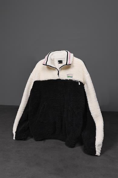 Erkek Siyah Garnili Full Zip Peluş Sweatshirt