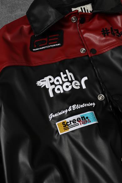 Erkek Siyah Garnili Racing Biker Nakışlı Astarlı Deri Ceket