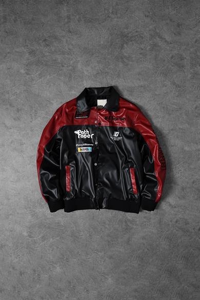Erkek Siyah Garnili Racing Biker Nakışlı Astarlı Deri Ceket