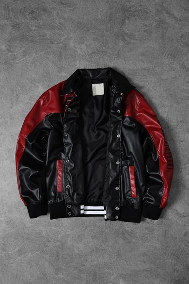 Erkek Siyah Garnili Racing Biker Nakışlı Astarlı Deri Ceket