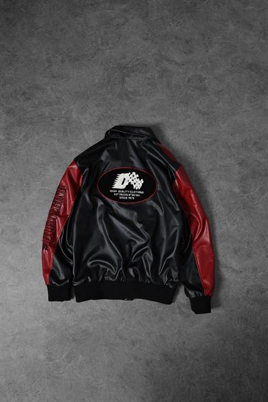 Erkek Siyah Garnili Racing Biker Nakışlı Astarlı Deri Ceket