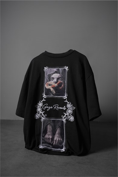 Erkek Siyah Gaze Reveals Kadife Patch Oversize Tshirt