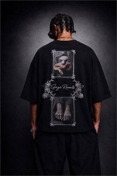 Erkek Siyah Gaze Reveals Kadife Patch Oversize Tshirt