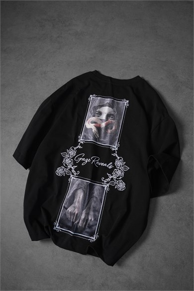 Erkek Siyah Gaze Reveals Kadife Patch Oversize Tshirt