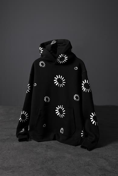 Erkek Siyah Geometrik Kabartma Baskı Oversize Kapüşonlu Sweatshirt